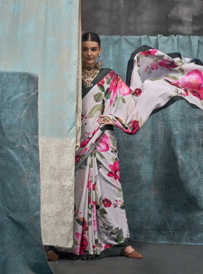 White Printed Chanderi Crepe Saree with Unstitched Blouse
