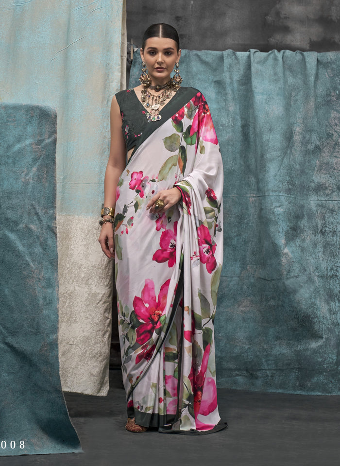 White Printed Chanderi Crepe Saree with Unstitched Blouse