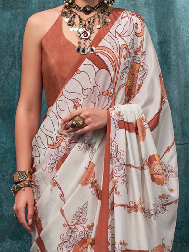 White Printed Chanderi Crepe Saree with Unstitched Blouse