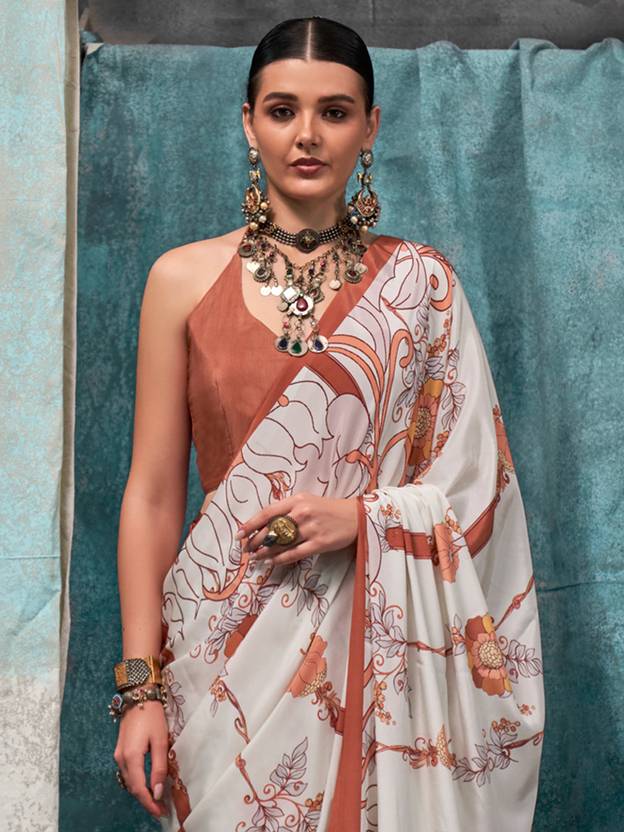 White Printed Chanderi Crepe Saree with Unstitched Blouse