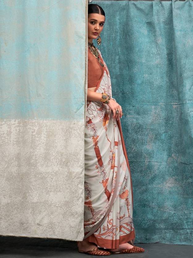 White Printed Chanderi Crepe Saree with Unstitched Blouse