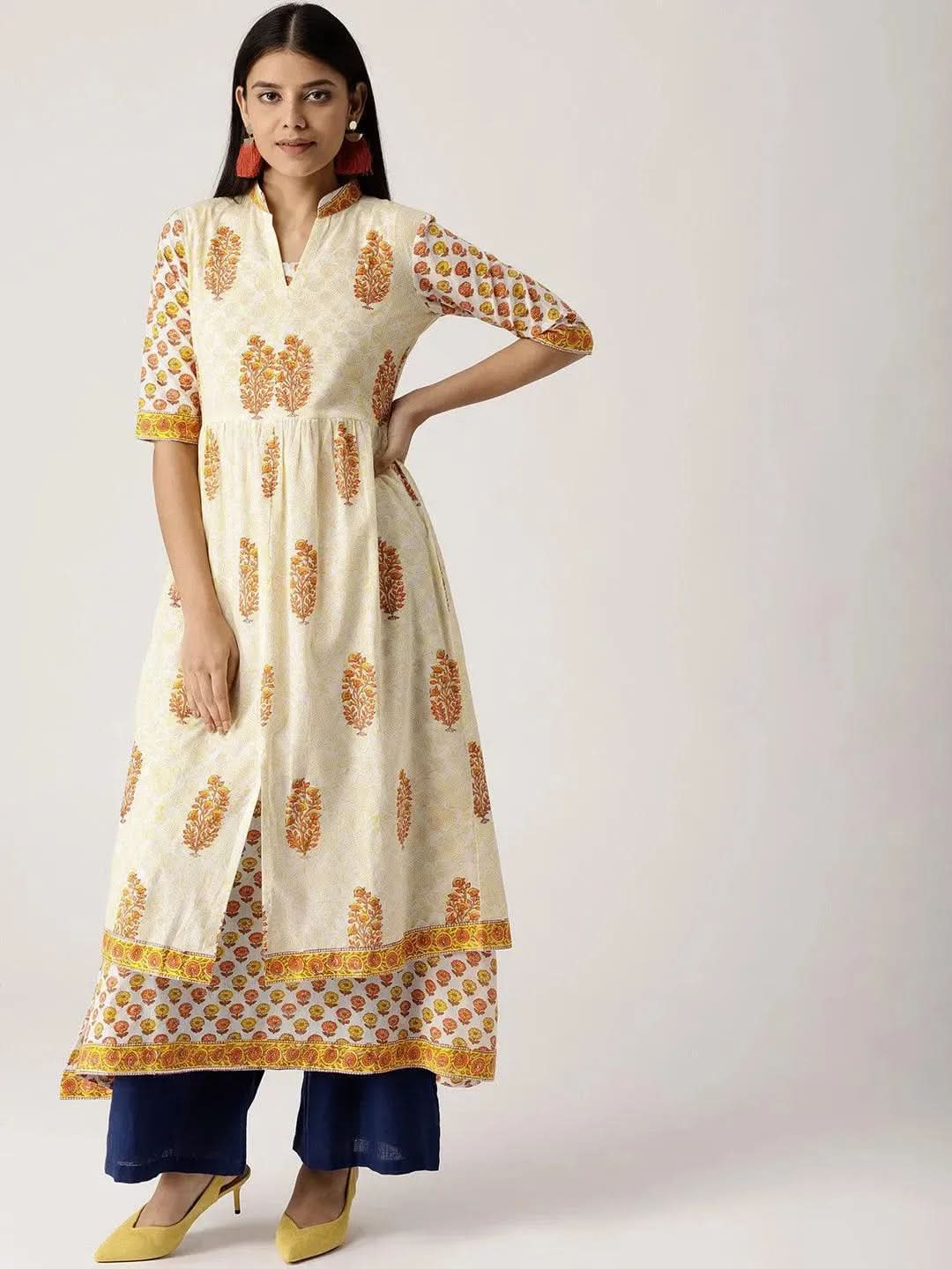 Anouk White Printed Cotton Kurta With Jacket