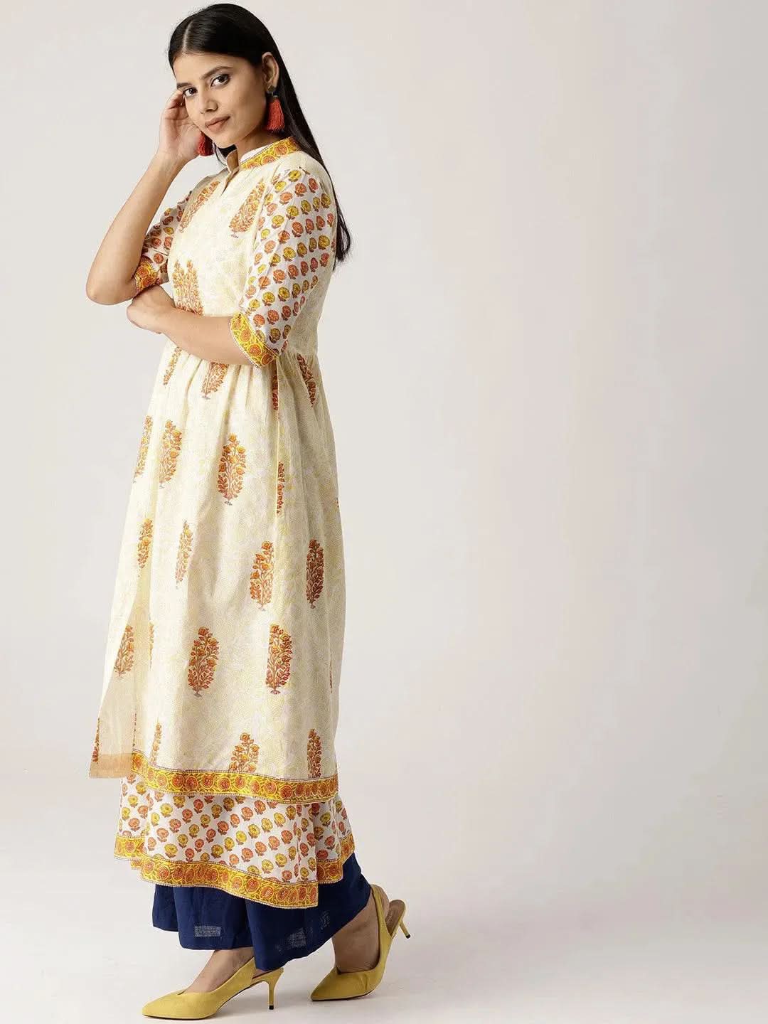 Anouk White Printed Cotton Kurta With Jacket