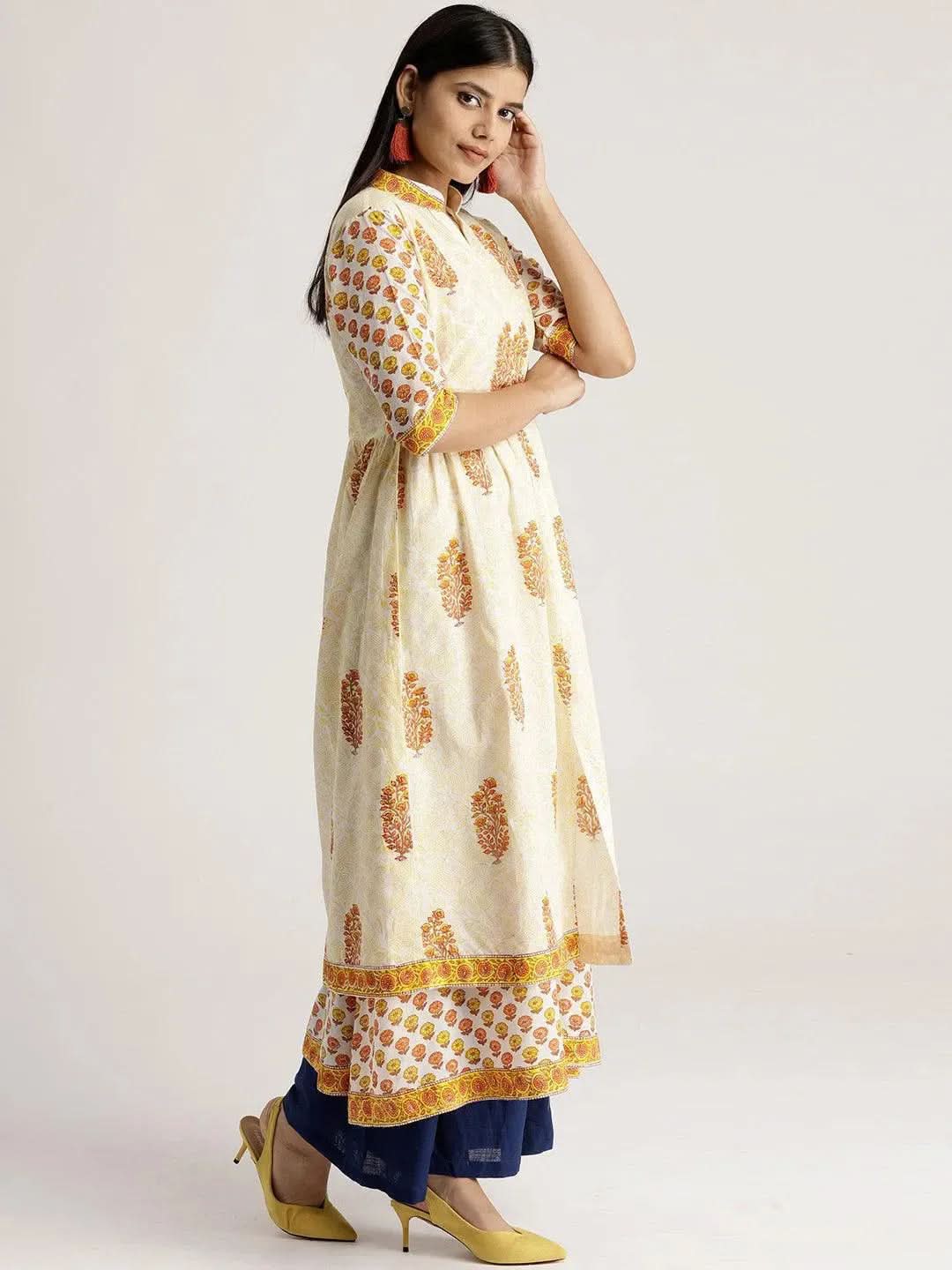 Anouk White Printed Cotton Kurta With Jacket