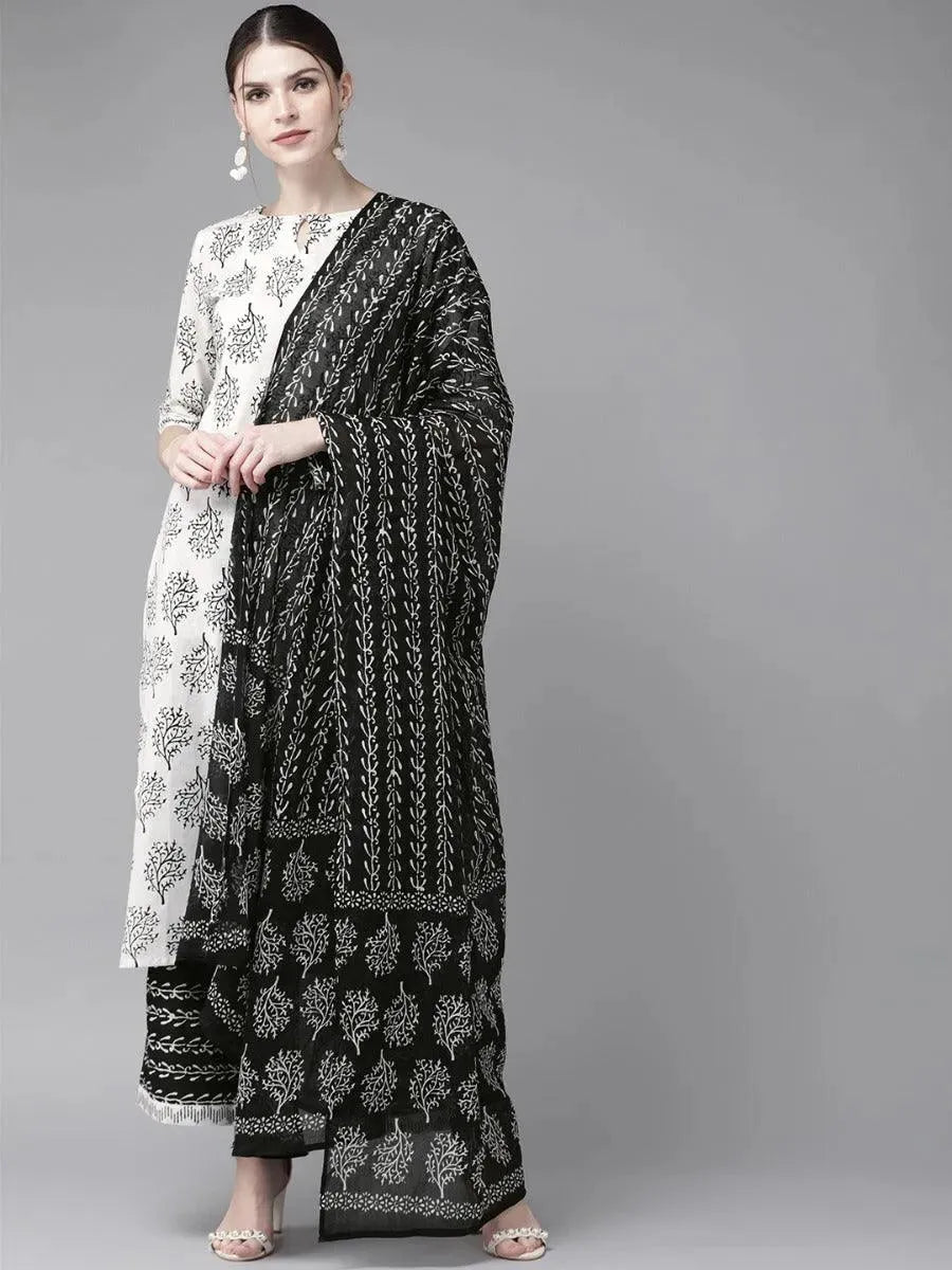 Anouk White Printed Cotton Straight Kurta With Palazzos & Dupatta