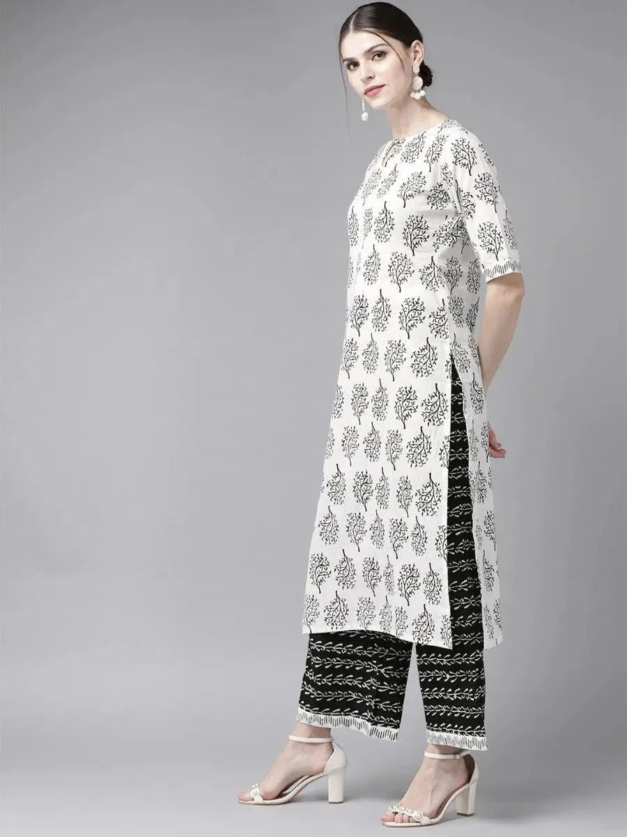 Anouk White Printed Cotton Straight Kurta With Palazzos & Dupatta