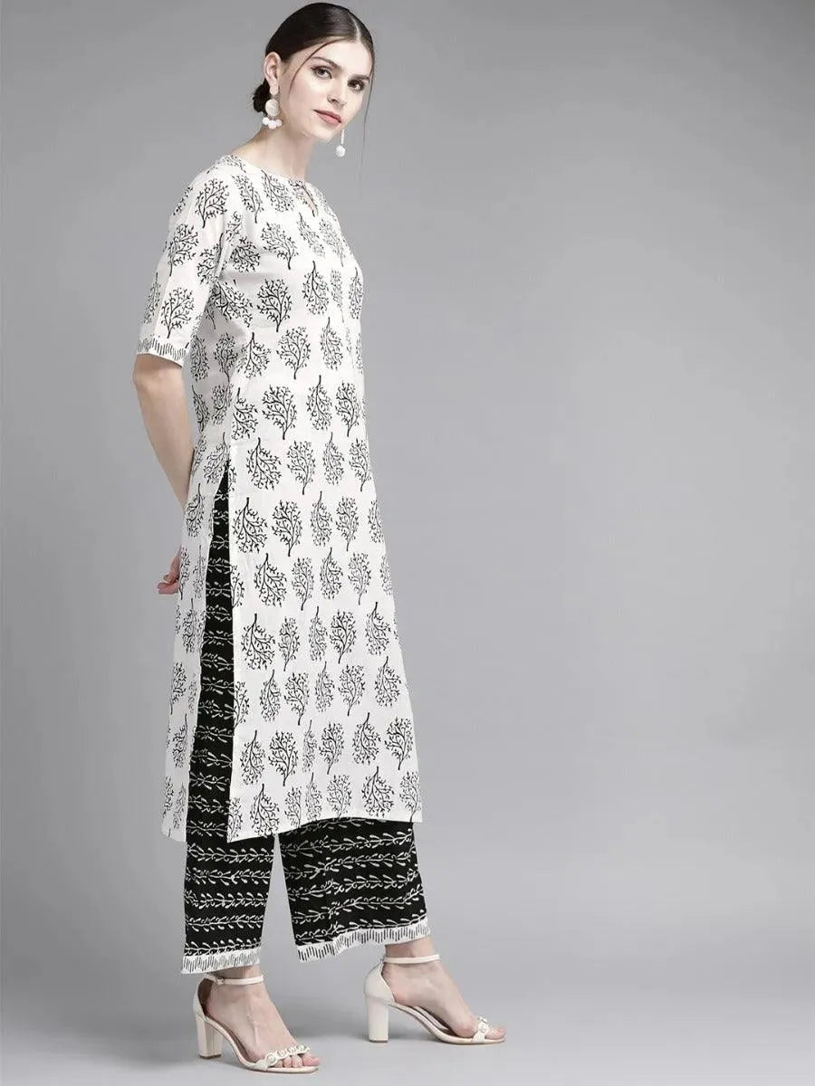 Anouk White Printed Cotton Straight Kurta With Palazzos & Dupatta