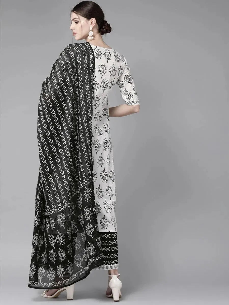 Anouk White Printed Cotton Straight Kurta With Palazzos & Dupatta