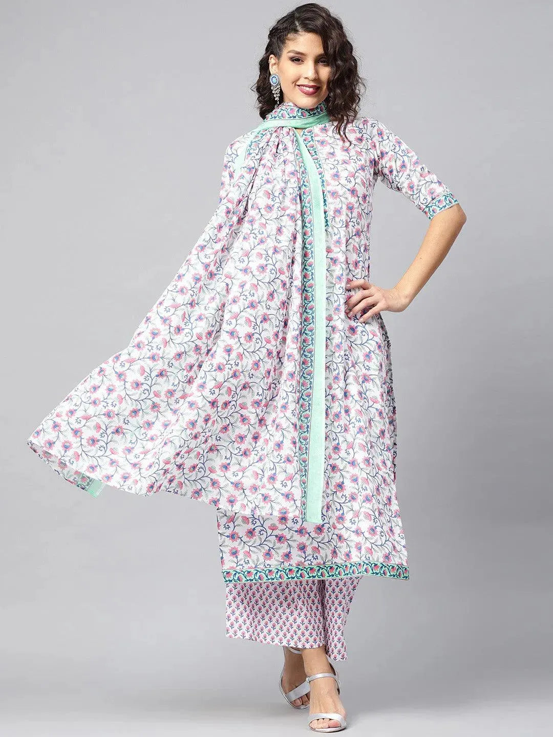 Anouk White Printed Cotton Straight Kurta With Palazzos