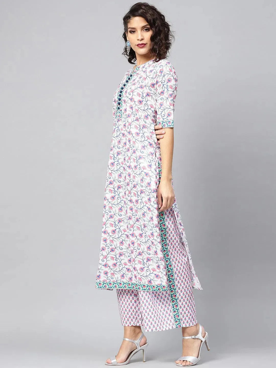 Anouk White Printed Cotton Straight Kurta With Palazzos