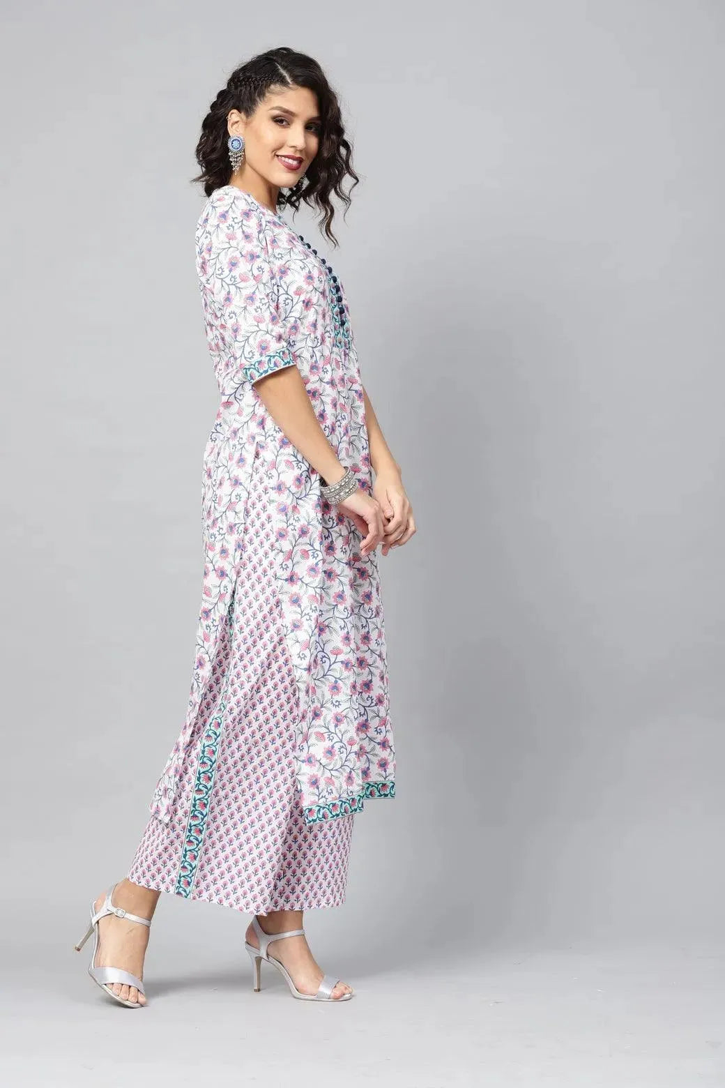 Anouk White Printed Cotton Straight Kurta With Palazzos