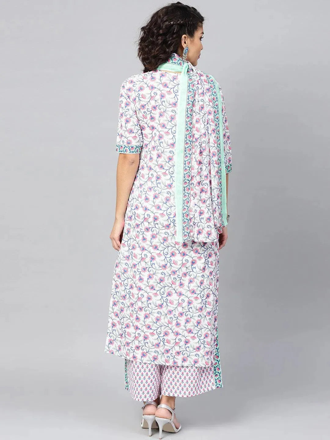 Anouk White Printed Cotton Straight Kurta With Palazzos