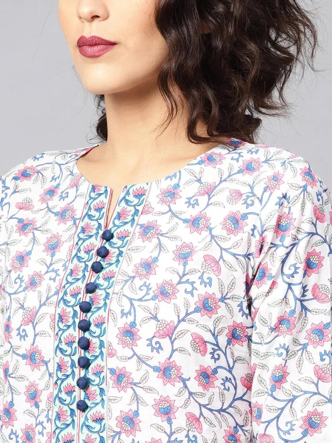 Anouk White Printed Cotton Straight Kurta With Palazzos