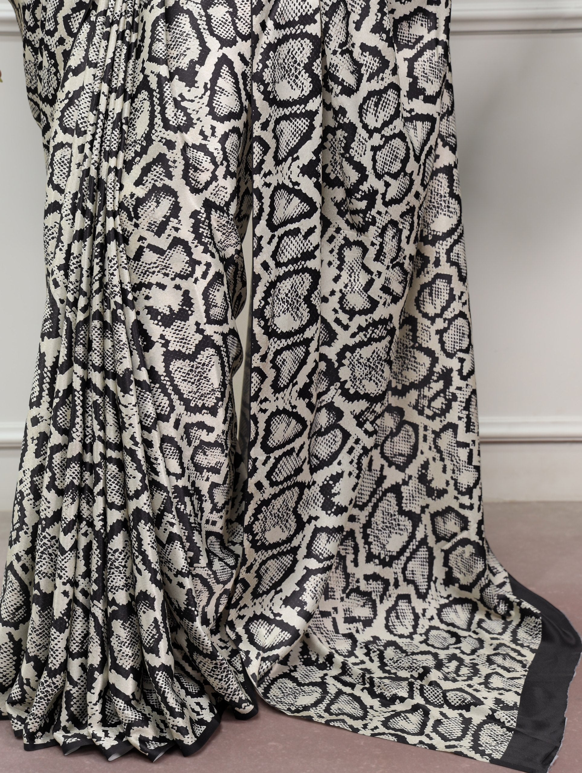 White Printed Satin Silk Saree