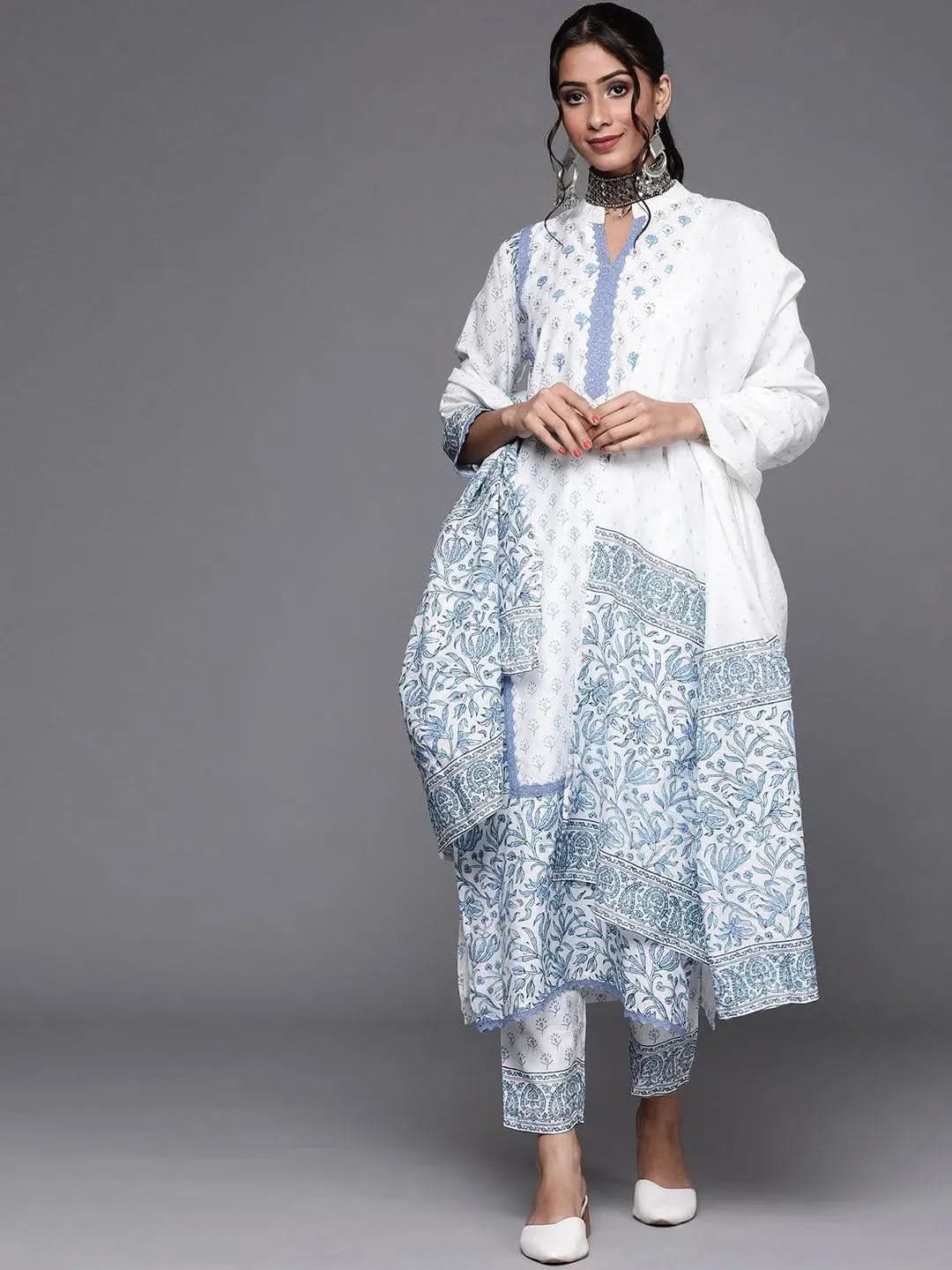 Anouk White Printed Silk Straight Kurta With Dupatta