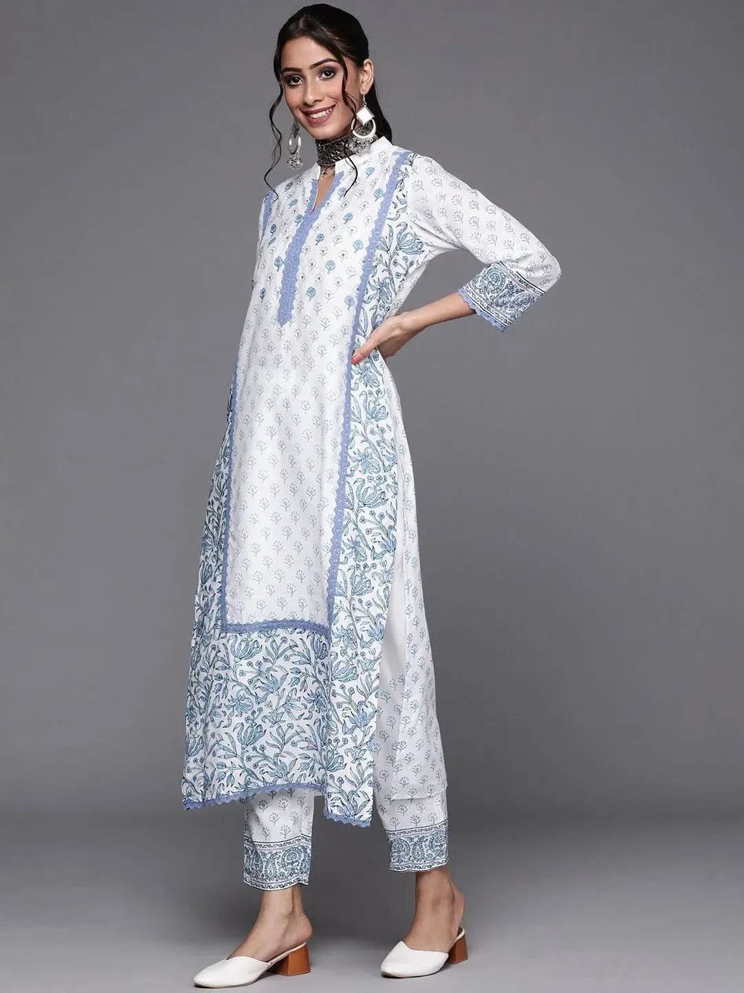 Anouk White Printed Silk Straight Kurta With Dupatta