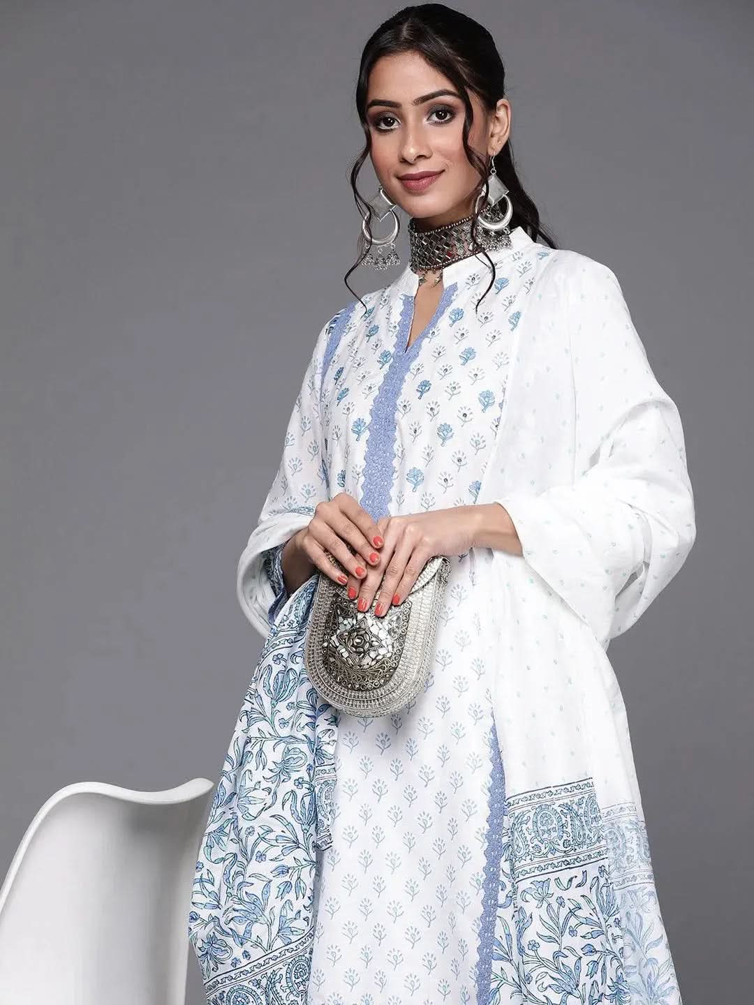 Anouk White Printed Silk Straight Kurta With Dupatta