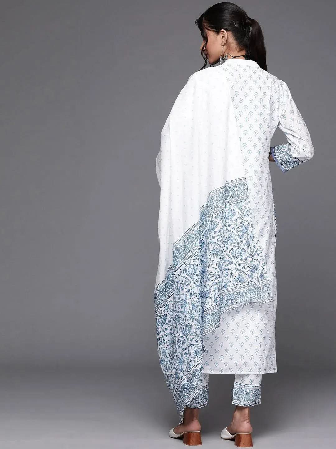 Anouk White Printed Silk Straight Kurta With Dupatta