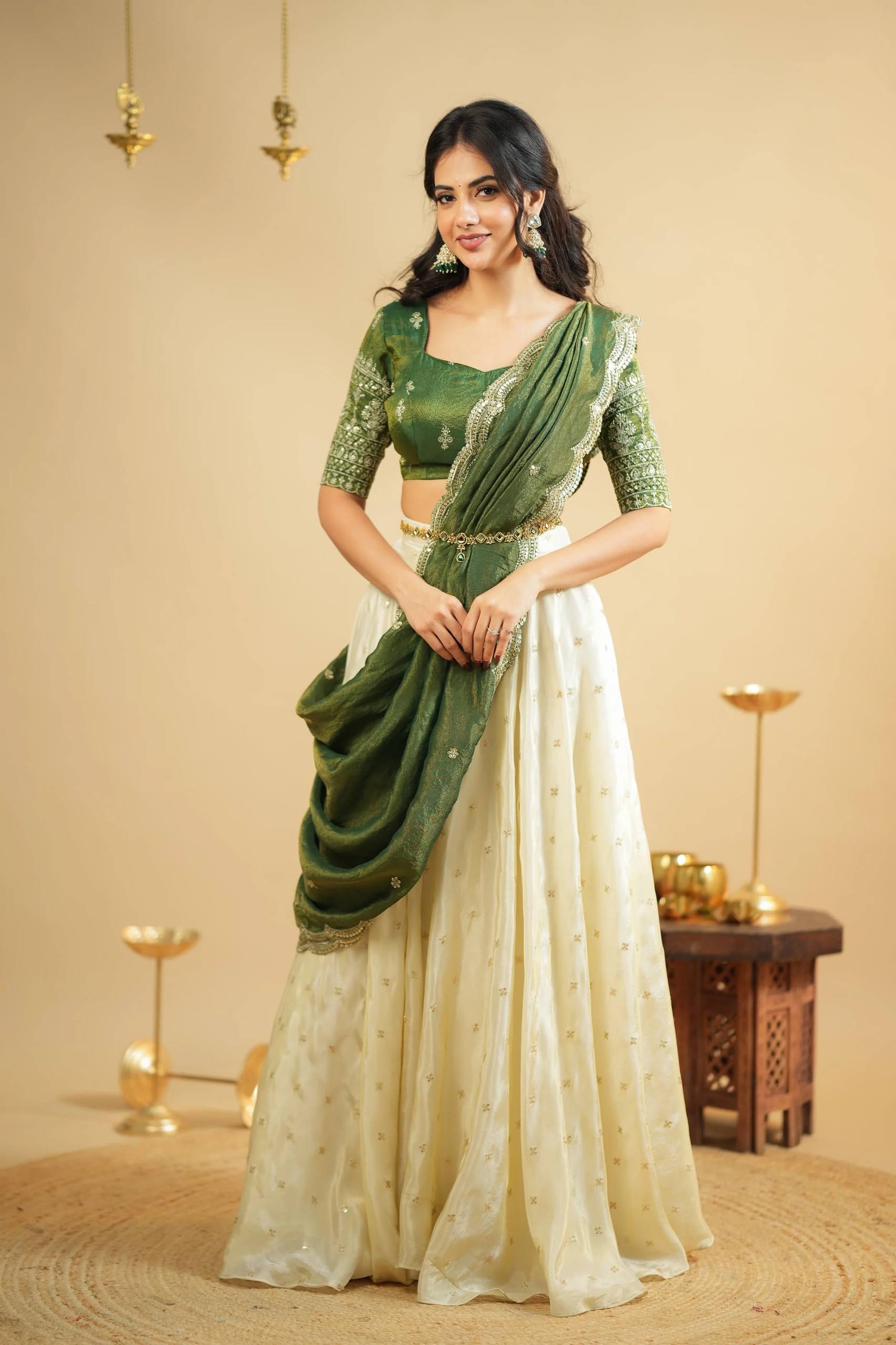 White Pure Crepe Silk Lehenga with Sequins & Zari Work and Shimmer Silk Green Dupatta