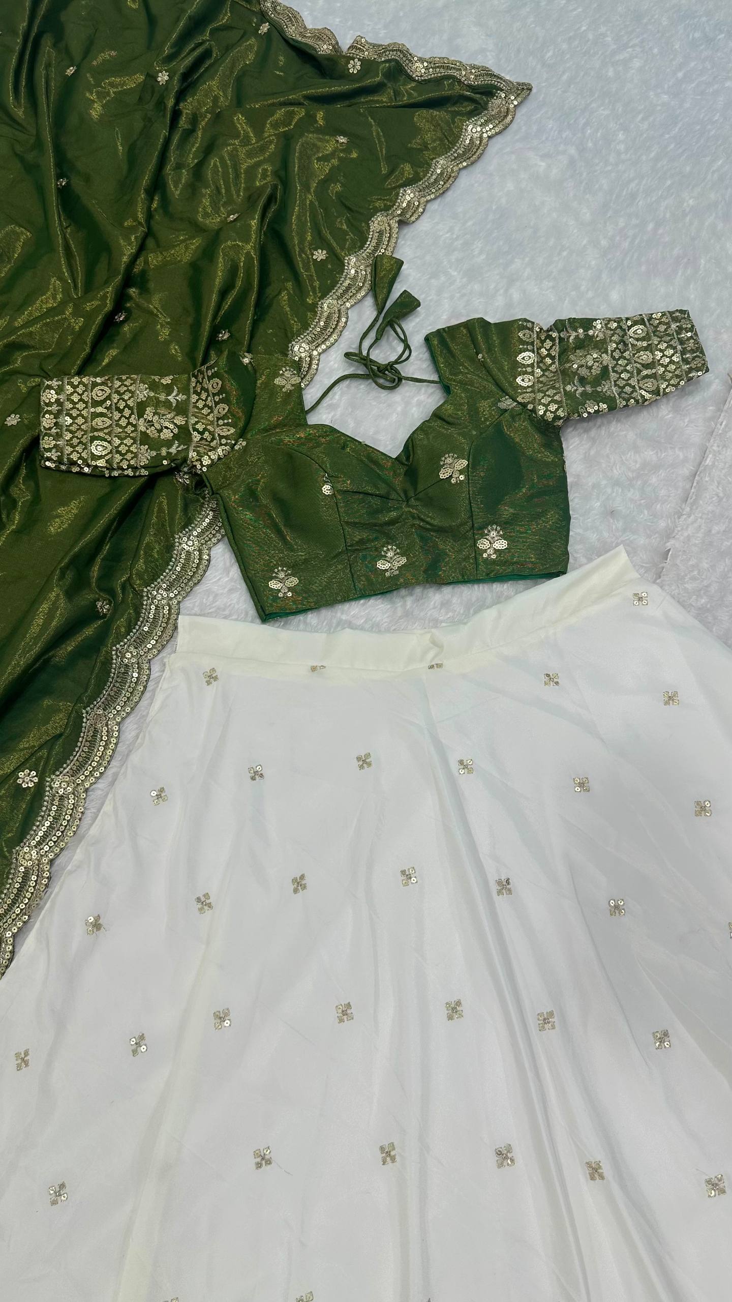 White Pure Crepe Silk Lehenga with Sequins & Zari Work and Shimmer Silk Green Dupatta