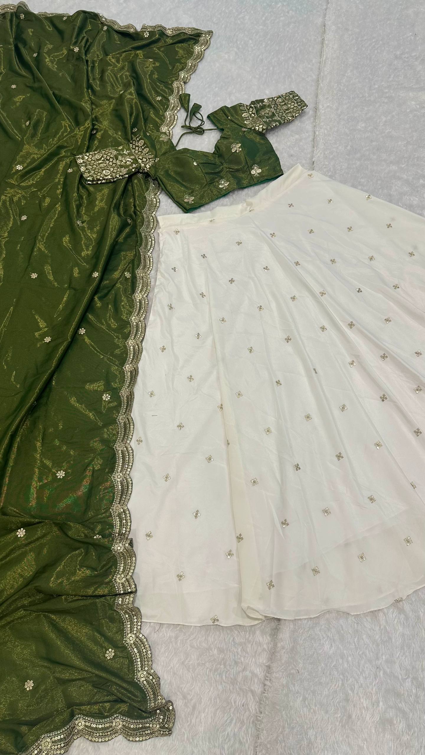 White Pure Crepe Silk Lehenga with Sequins & Zari Work and Shimmer Silk Green Dupatta
