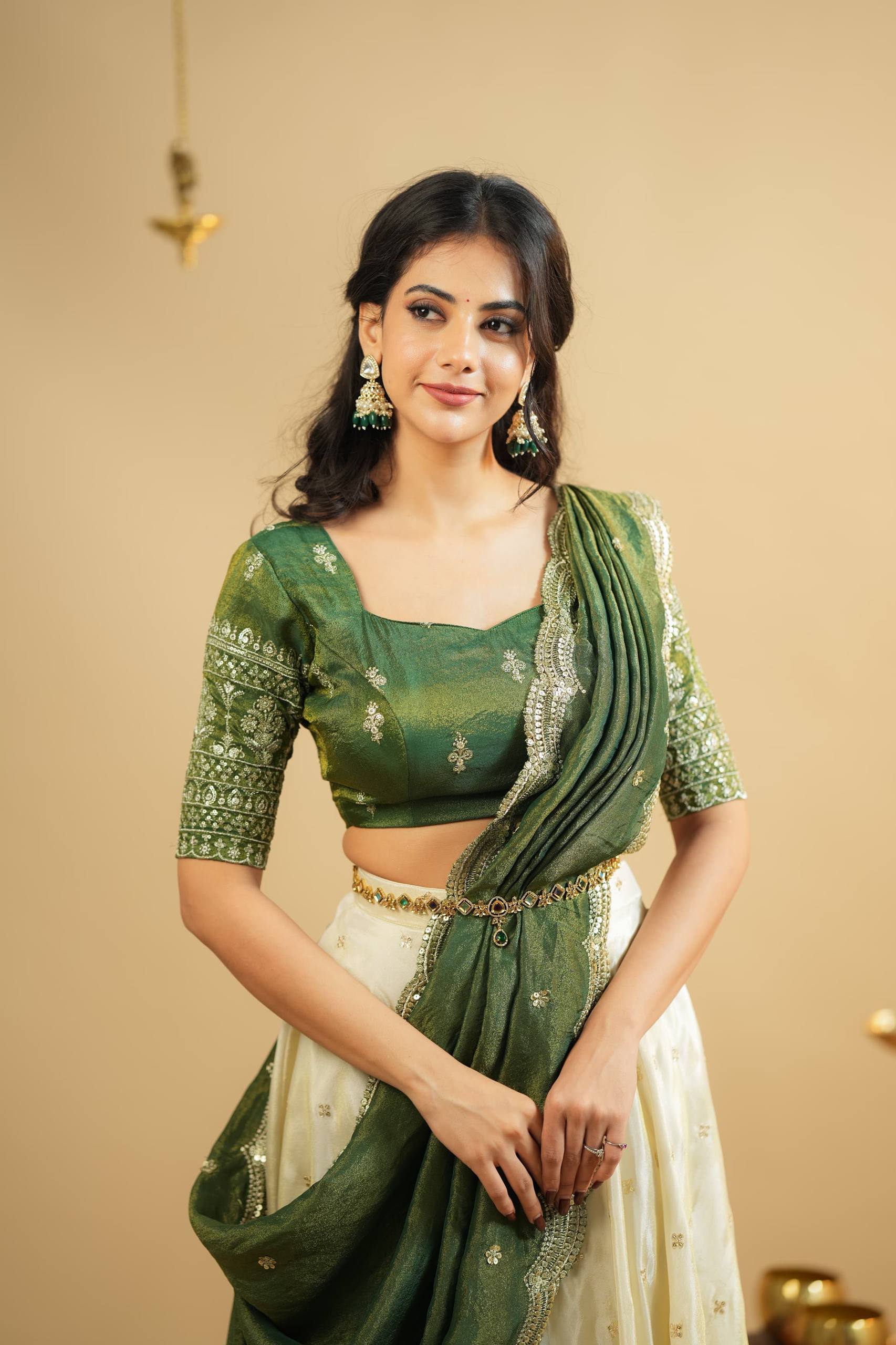 White Pure Crepe Silk Lehenga with Sequins & Zari Work and Shimmer Silk Green Dupatta