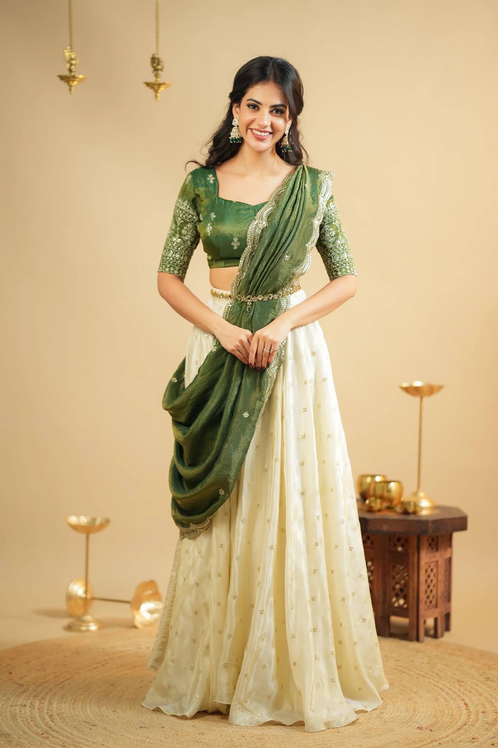 White Pure Crepe Silk Lehenga with Sequins & Zari Work and Shimmer Silk Green Dupatta