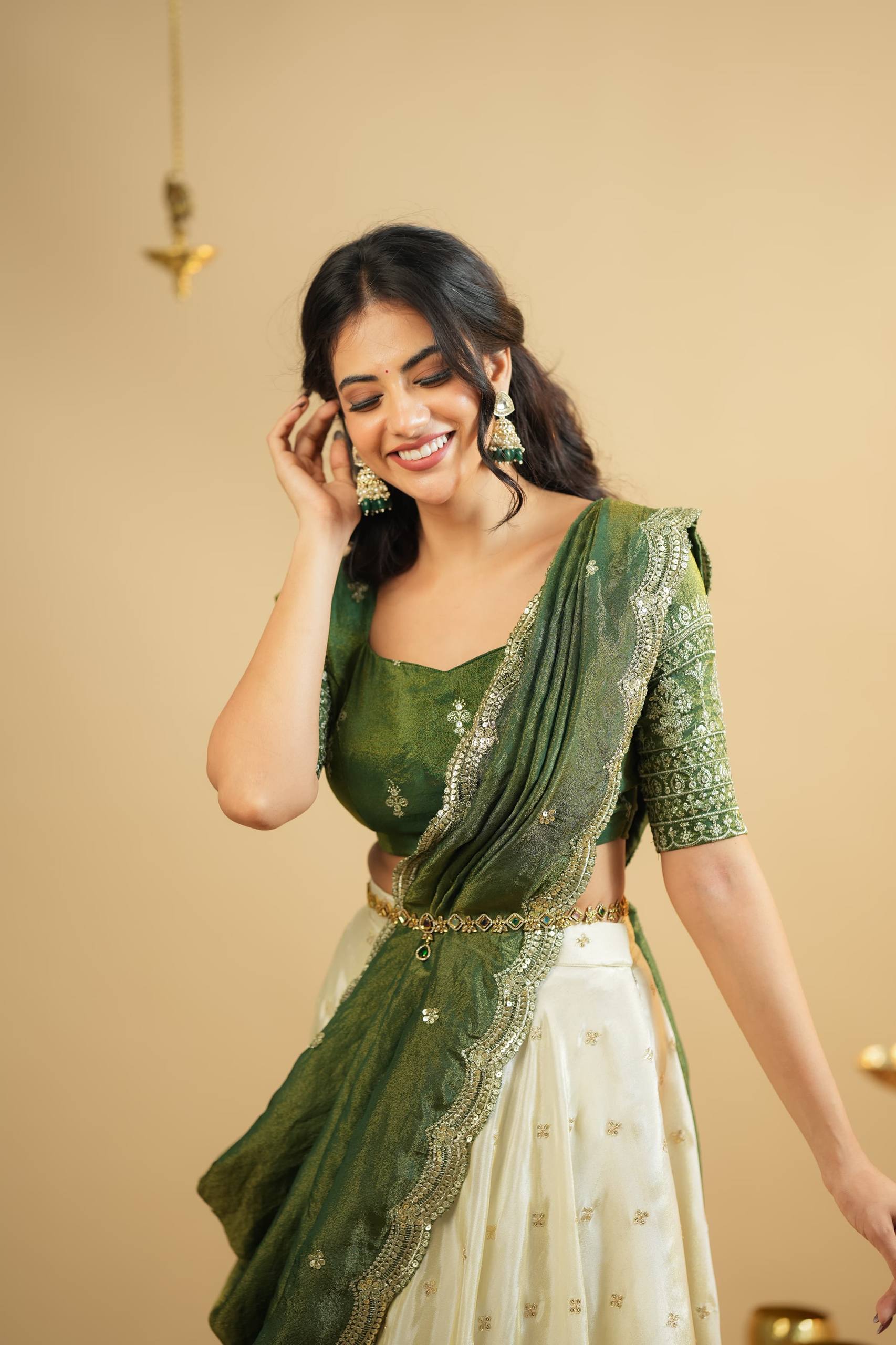 White Pure Crepe Silk Lehenga with Sequins & Zari Work and Shimmer Silk Green Dupatta