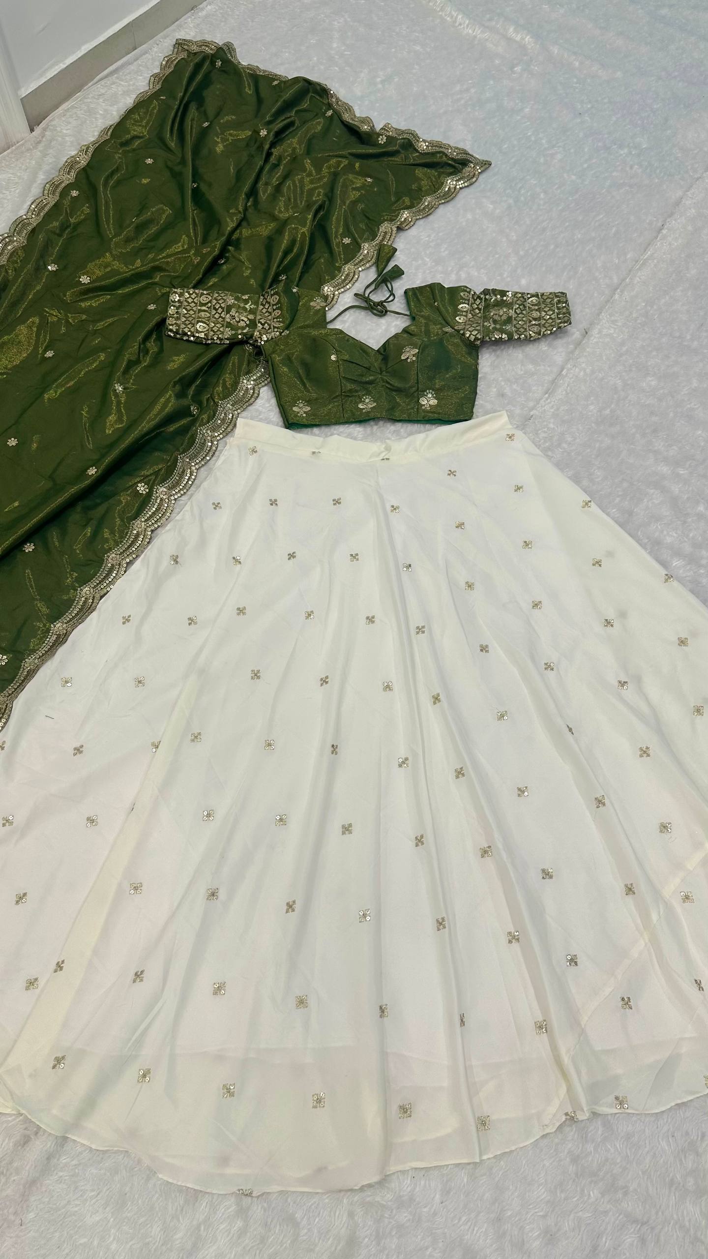 White Pure Crepe Silk Lehenga with Sequins & Zari Work and Shimmer Silk Green Dupatta