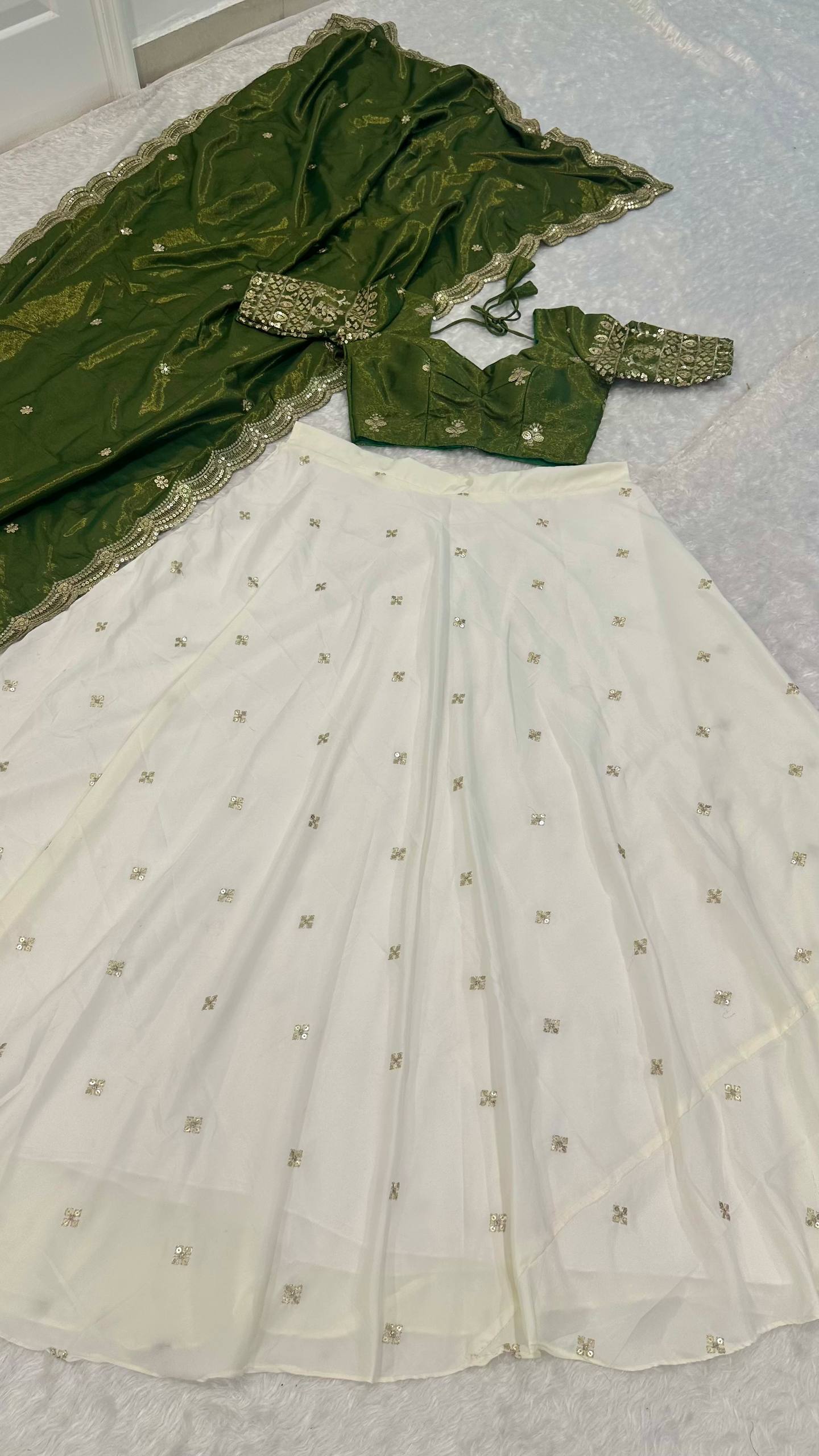 White Pure Crepe Silk Lehenga with Sequins & Zari Work and Shimmer Silk Green Dupatta