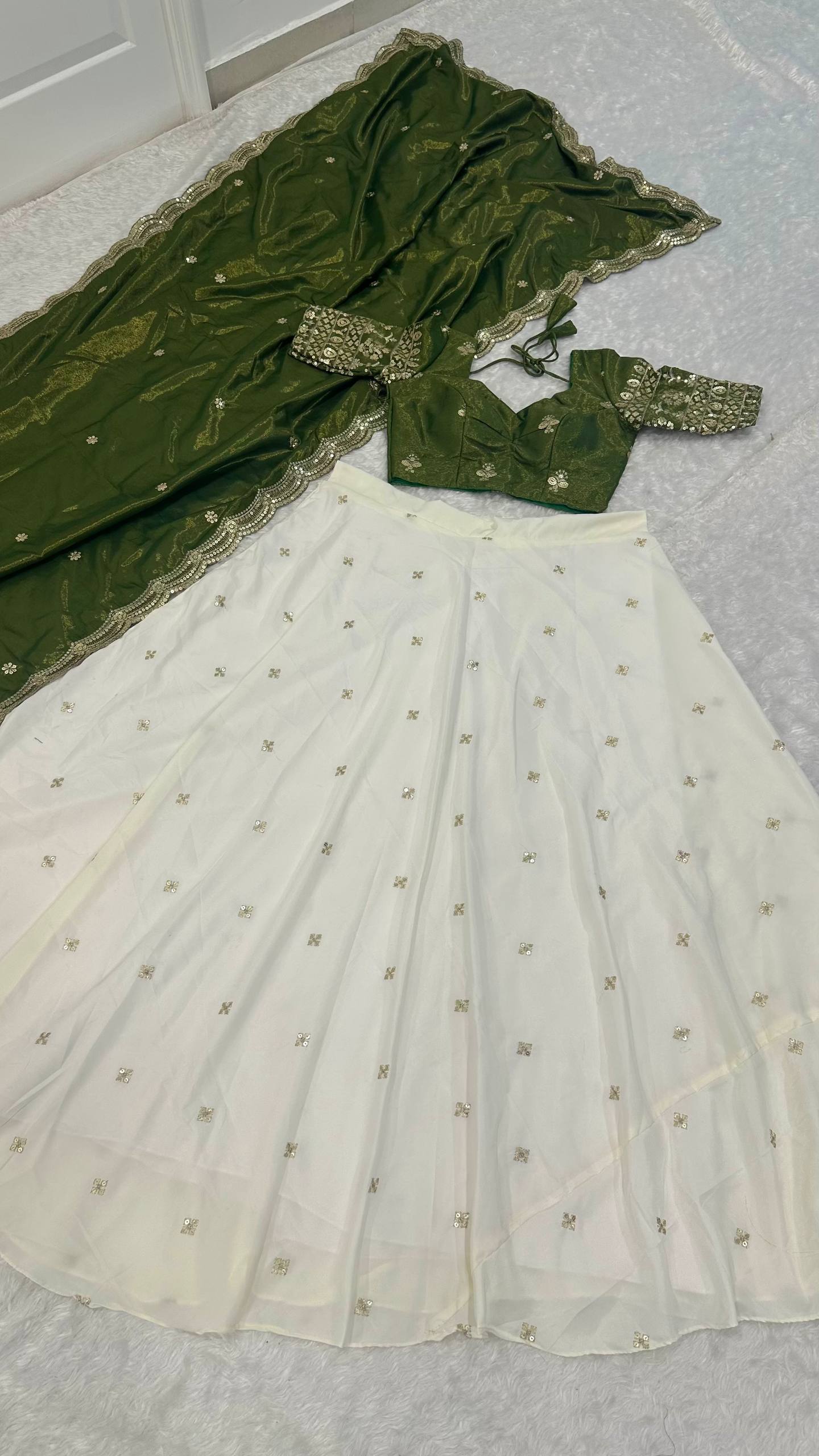 White Pure Crepe Silk Lehenga with Sequins & Zari Work and Shimmer Silk Green Dupatta