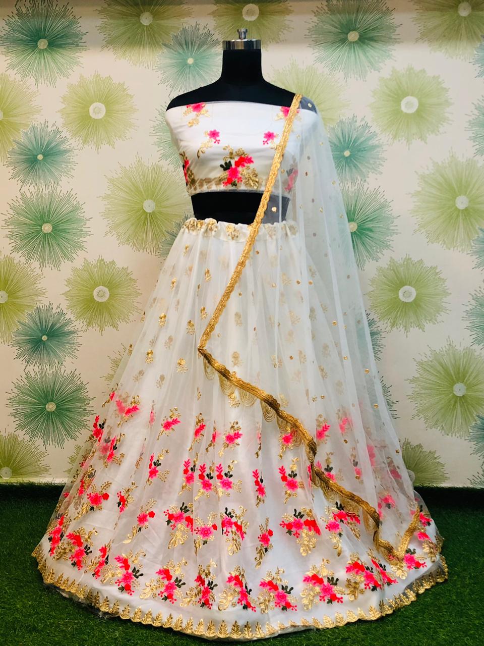 White Royal Heavy Net Embroidered Lehenga Set – Zari & Thread Work