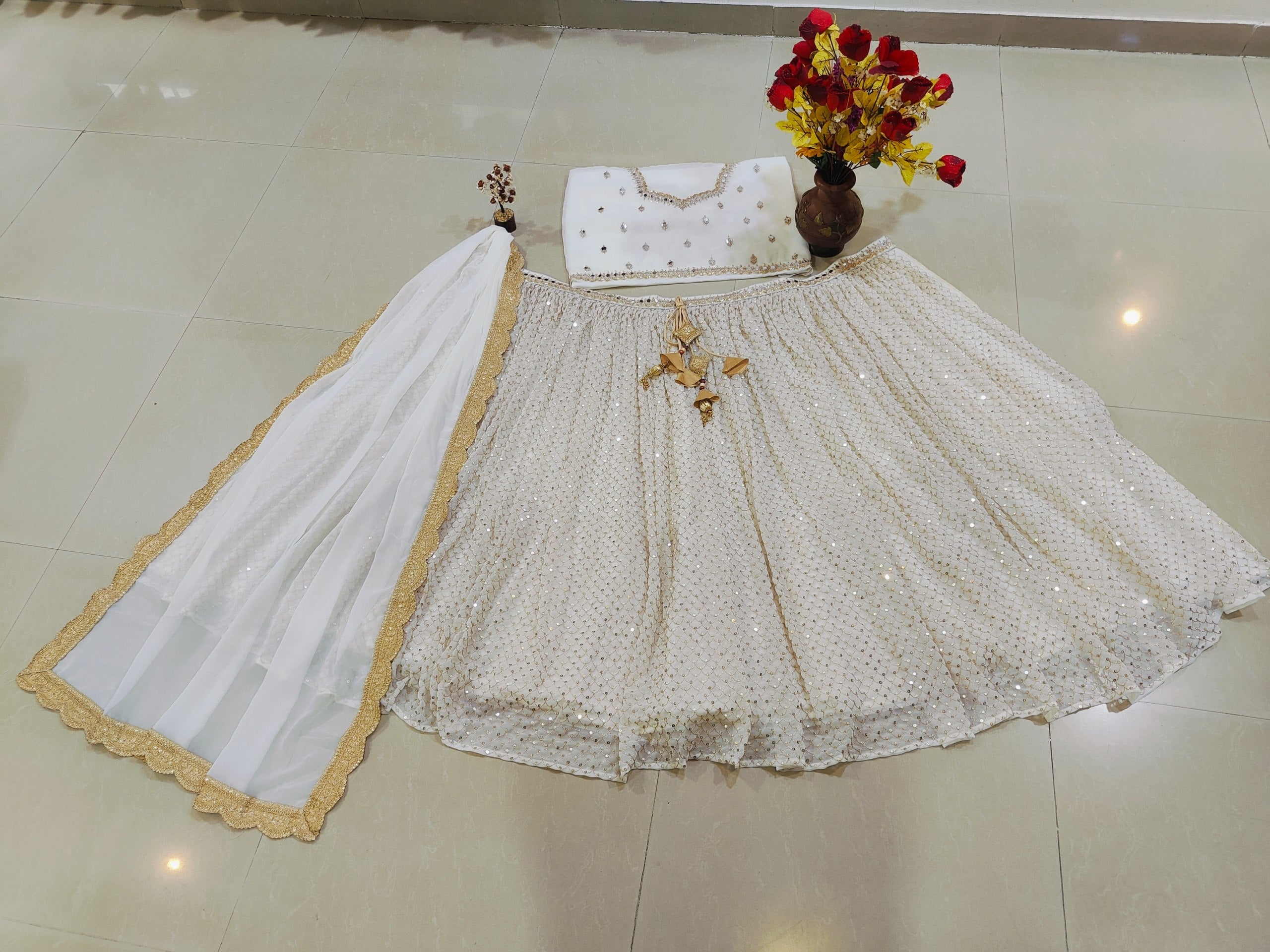 White Sequins Georgette Lehenga