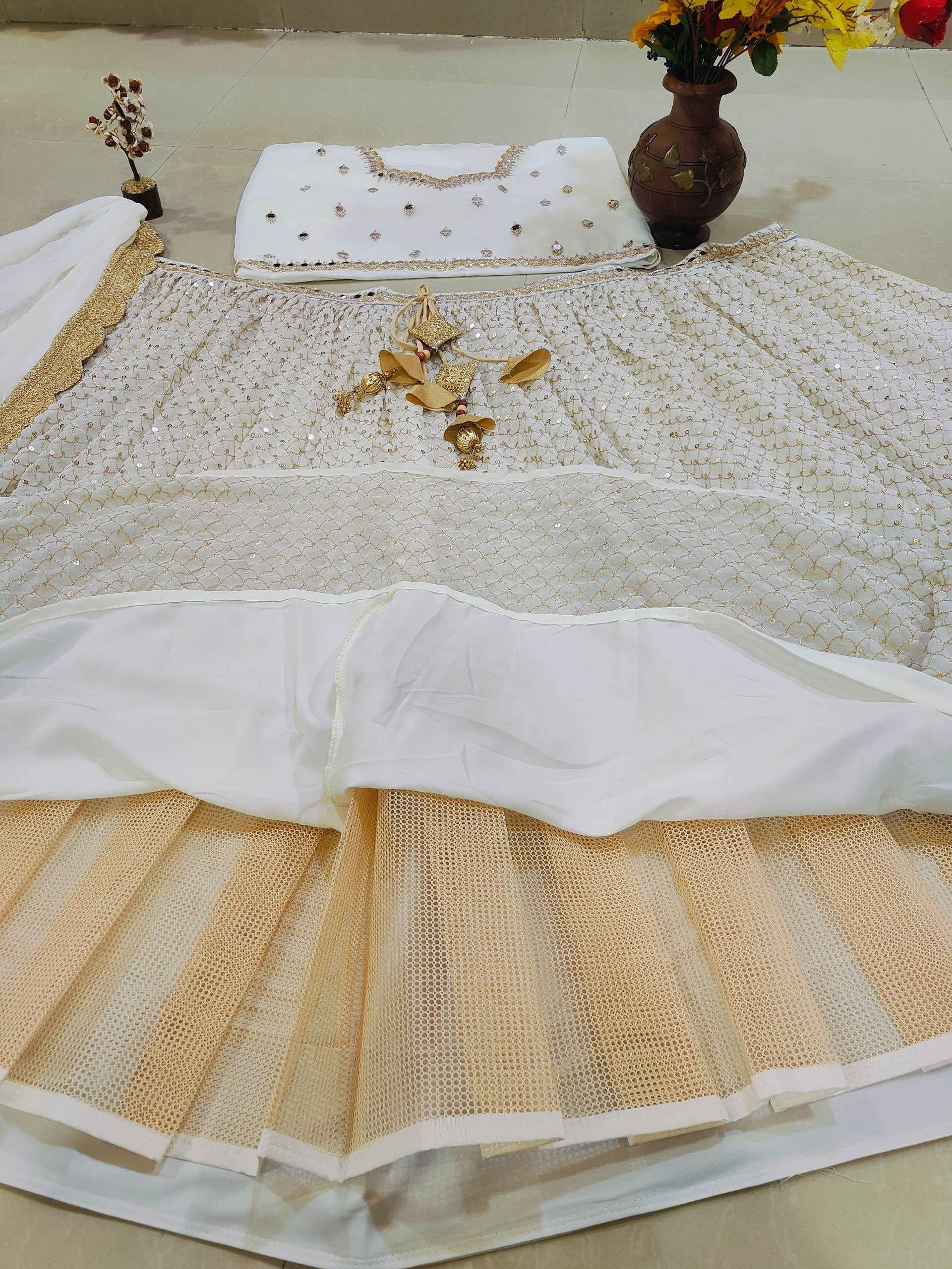 White Sequins Georgette Lehenga