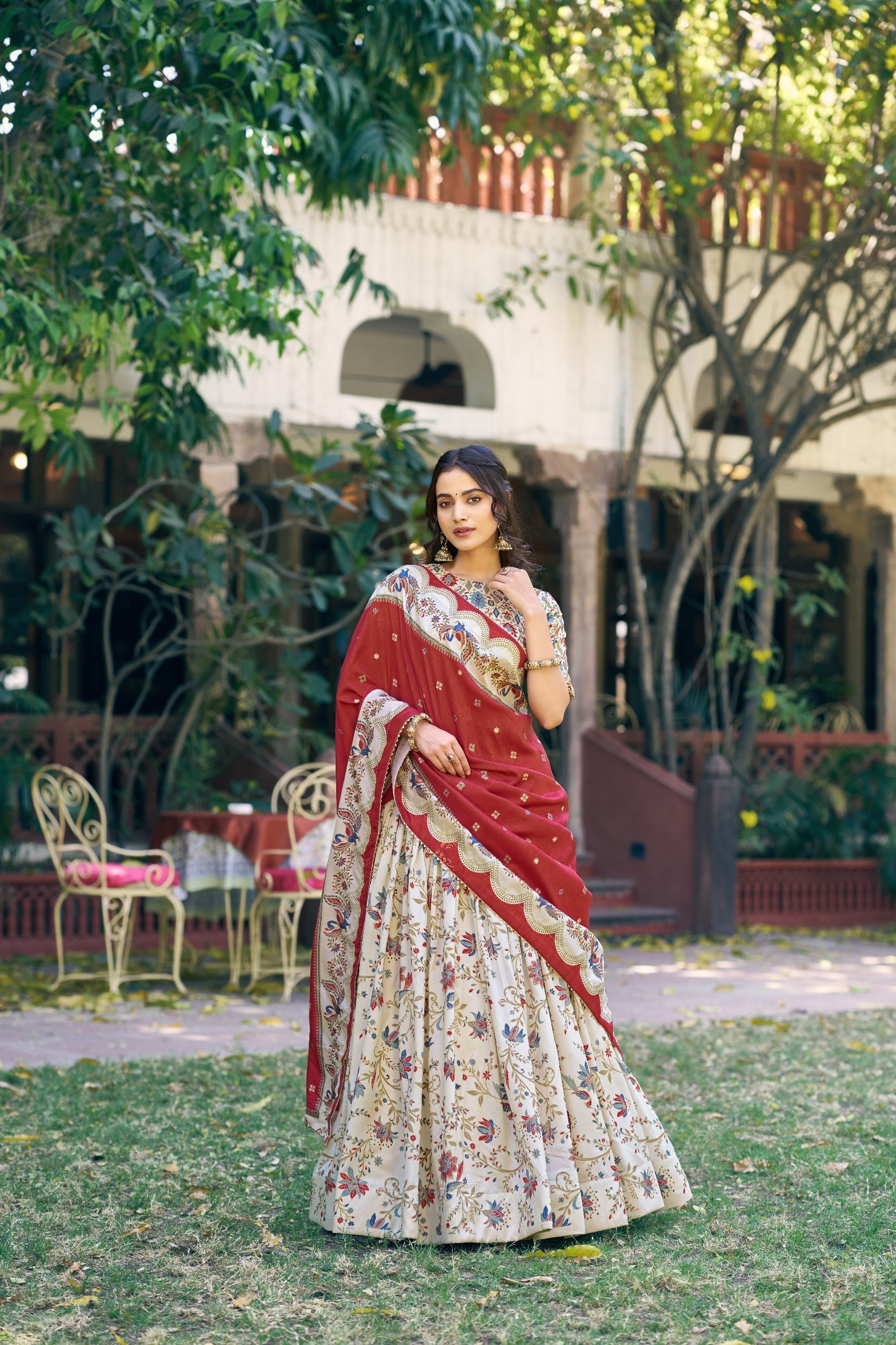 White Silk Foil Print Lehenga Set