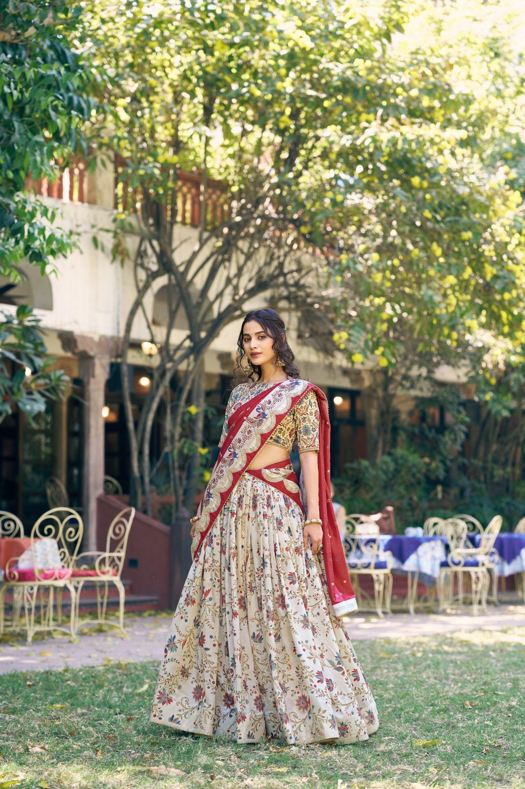 White Silk Foil Print Lehenga Set