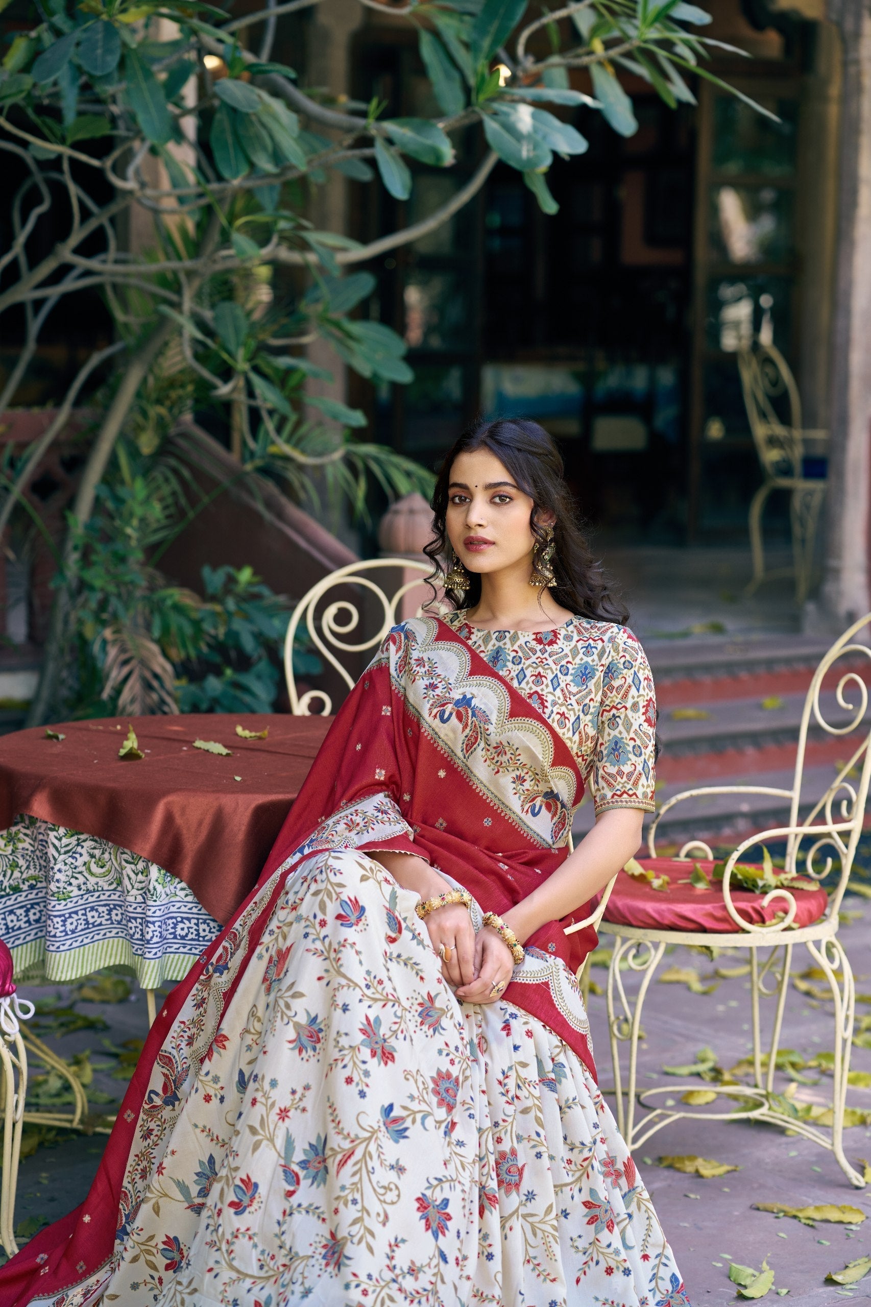 White Silk Foil Print Lehenga Set