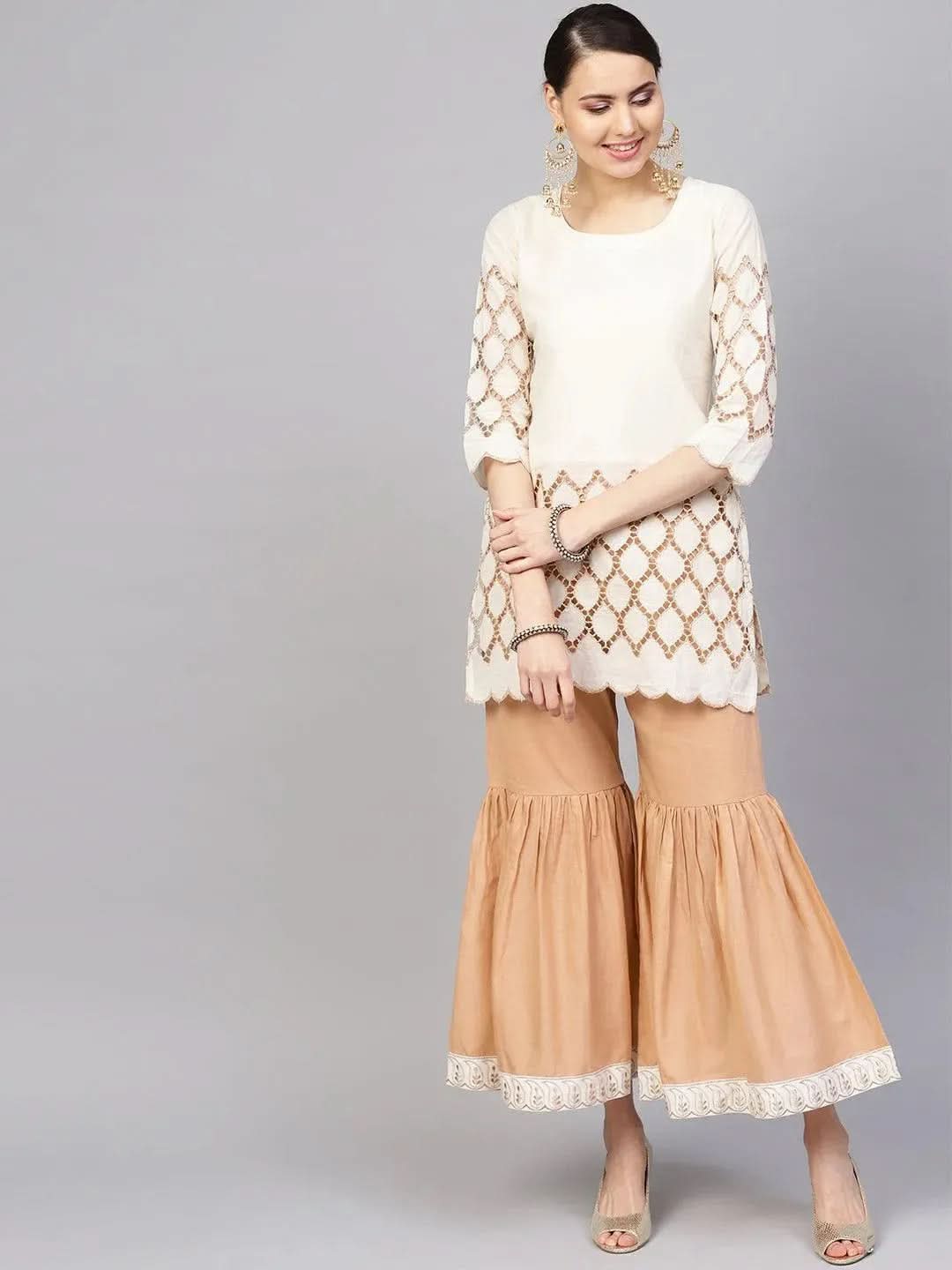 Anouk White Solid Cotton Straight Kurta With Sharara