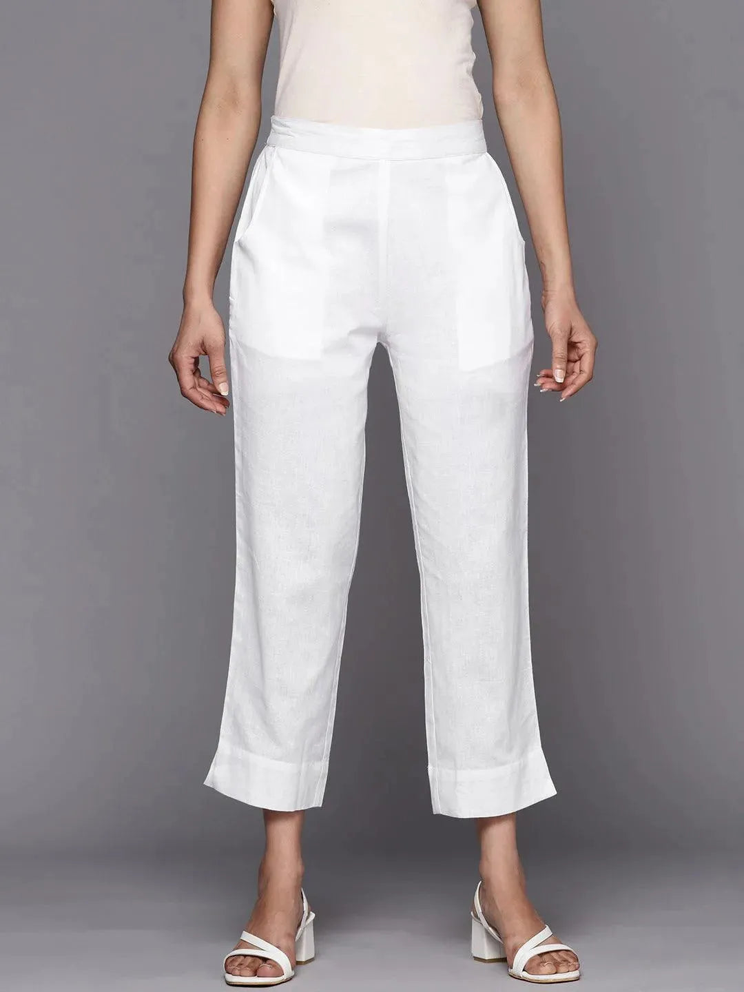 Anouk White Solid Cotton Trousers