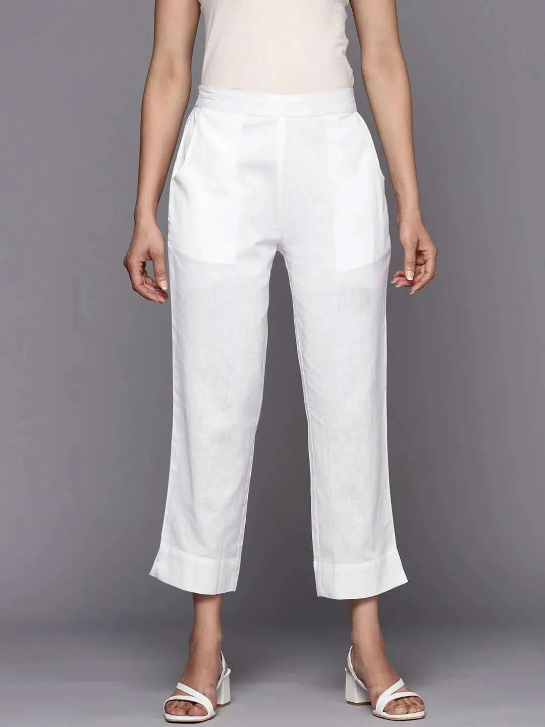 Anouk White Solid Cotton Trousers