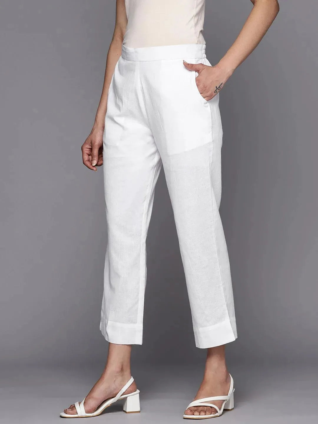 Anouk White Solid Cotton Trousers