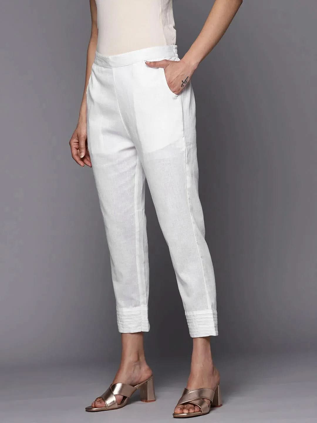 Anouk White Solid Cotton Trousers