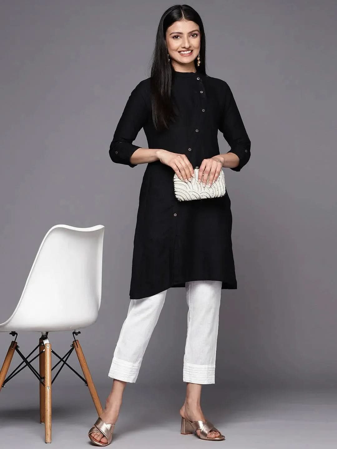 Anouk White Solid Cotton Trousers