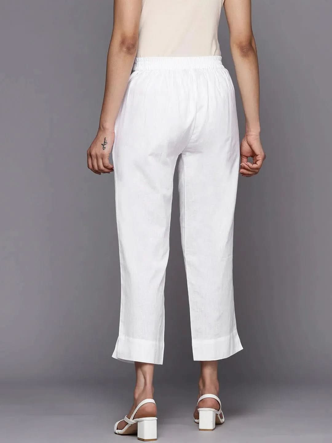 Anouk White Solid Cotton Trousers