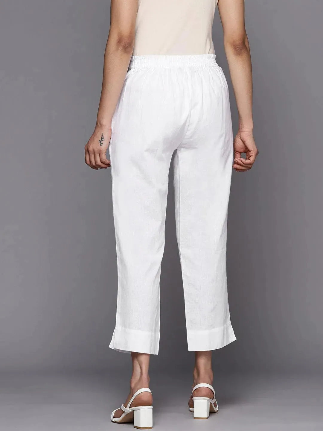 Anouk White Solid Cotton Trousers