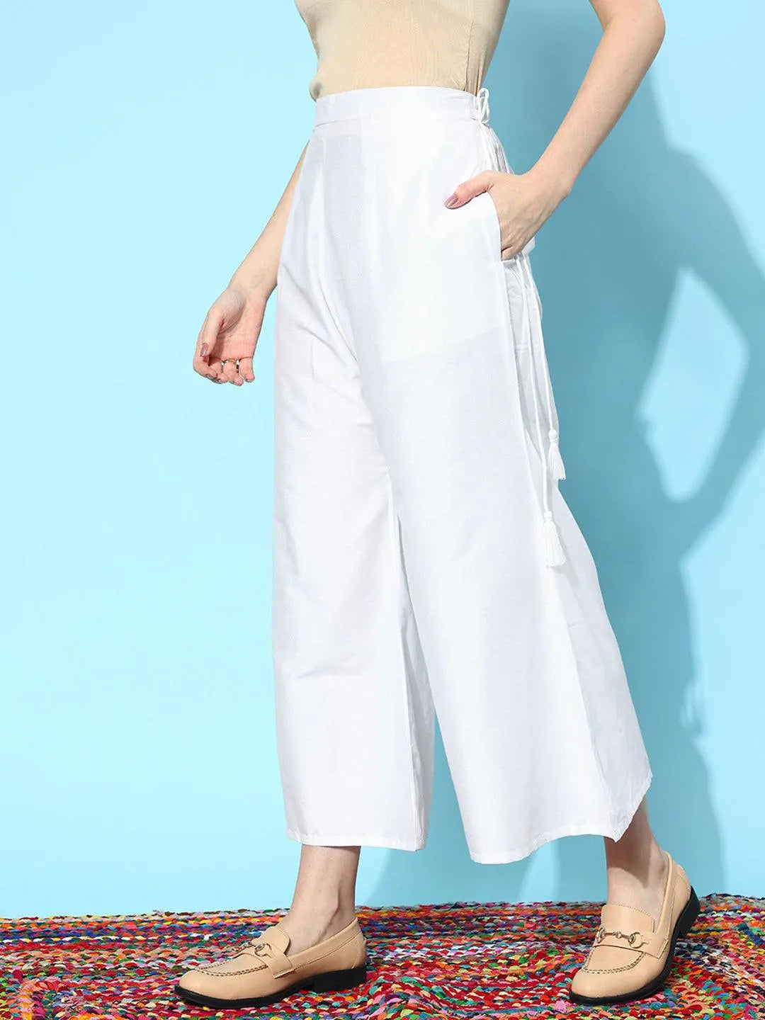 Anouk White Solid Silk Palazzos