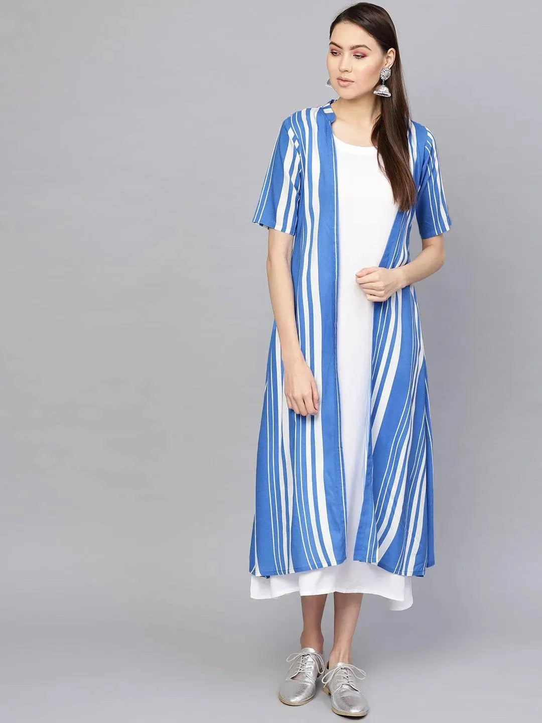Anouk White Striped Cotton Dress With Jacket