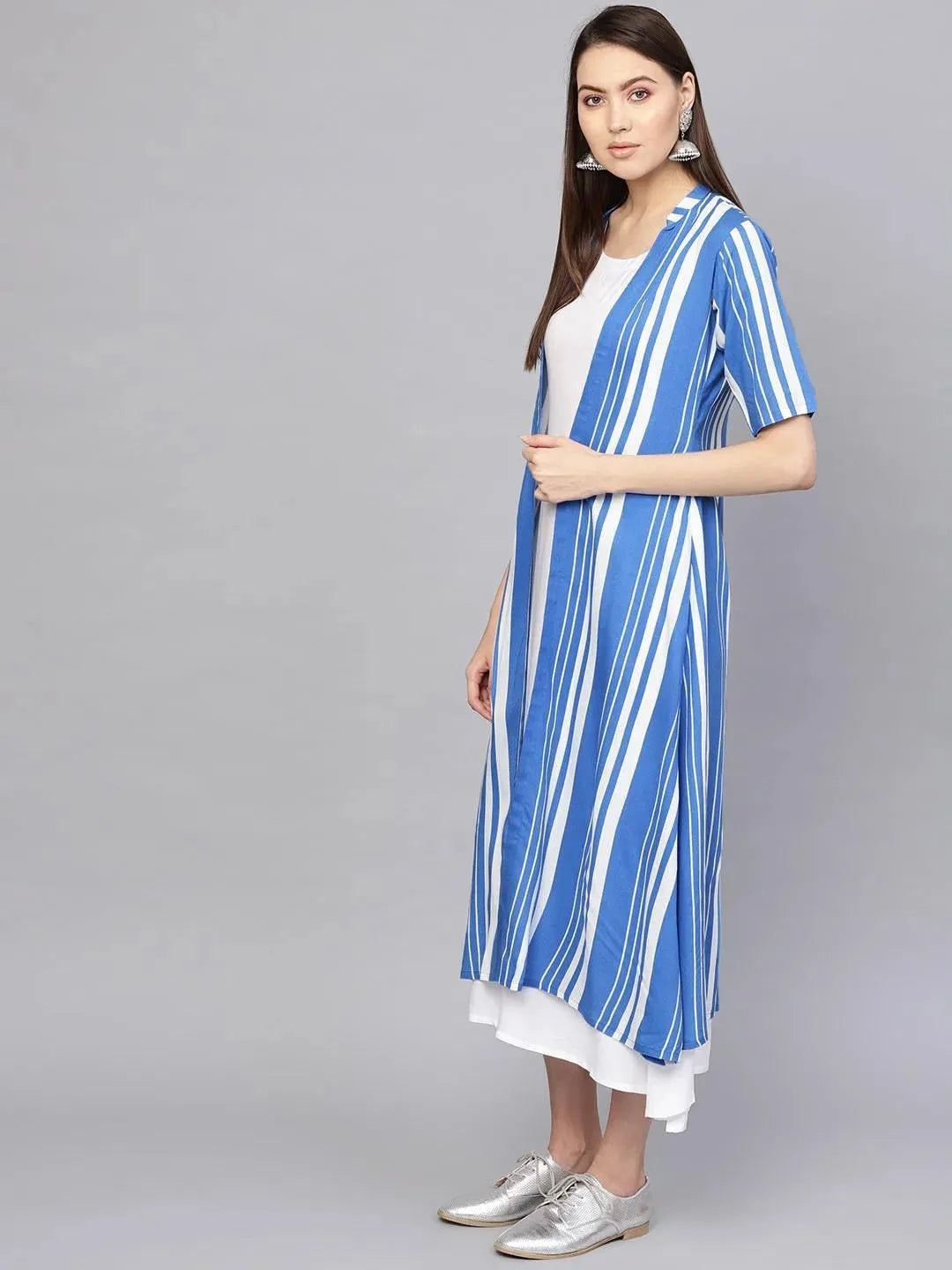 Anouk White Striped Cotton Dress With Jacket