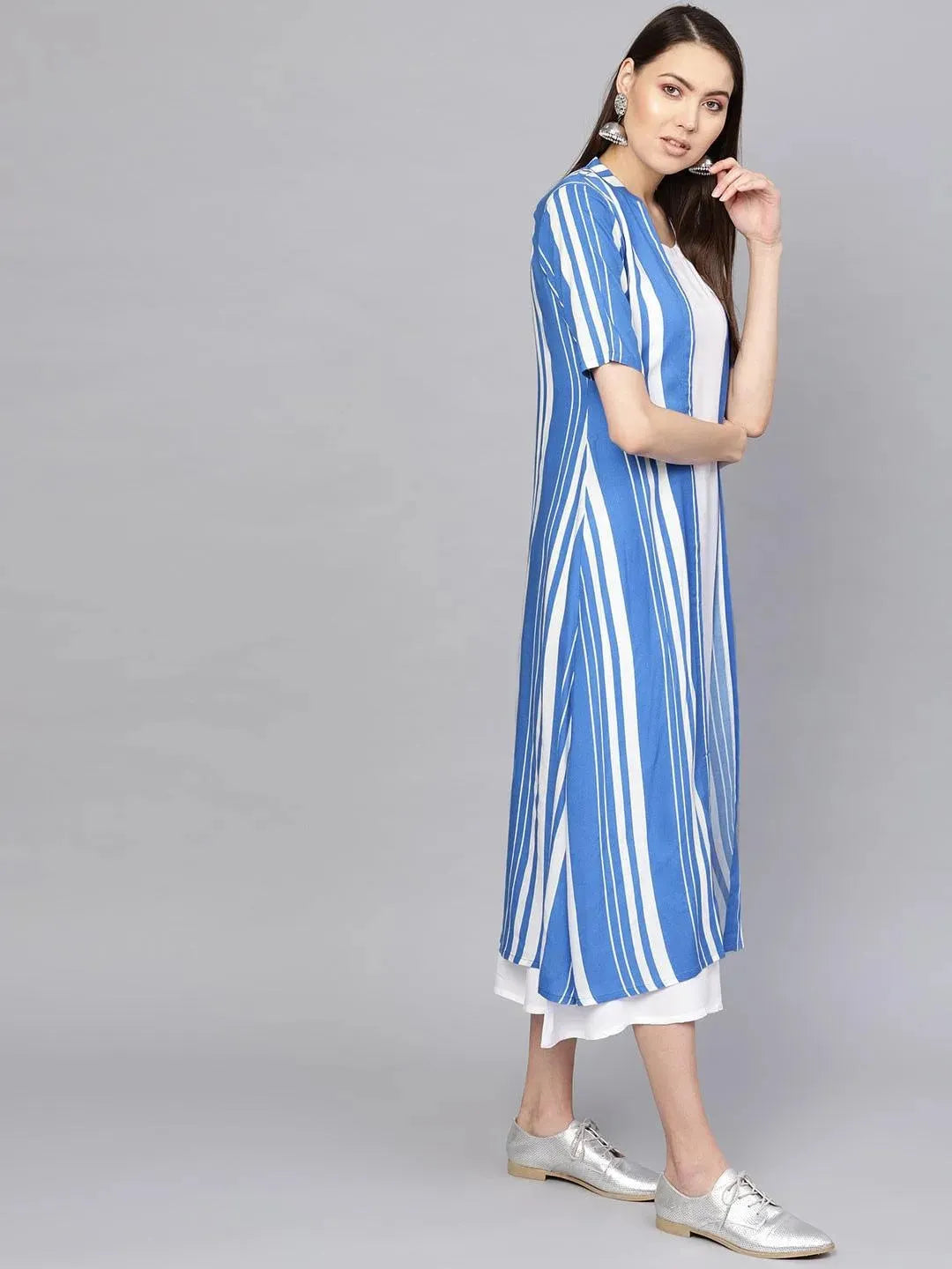Anouk White Striped Cotton Dress With Jacket