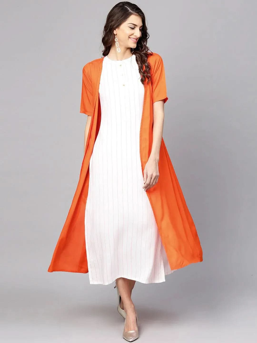 Anouk White Striped Rayon Dress With Jacket
